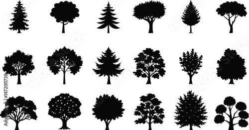 Various deciduous tree silhouettes on white background. vector set. PNG on white background