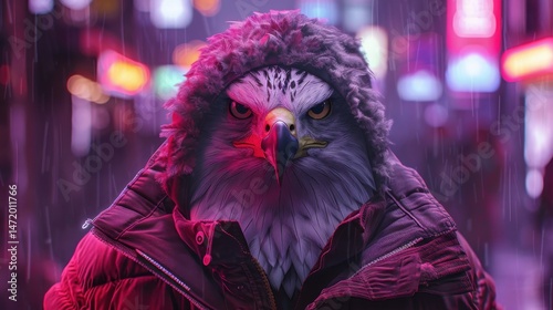 Anthropomorphic eagle in a hooded jacket standing under rain in a neon-lit futuristic city, symbolizing strength and mystery.
