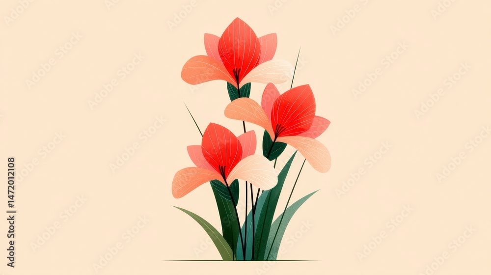 Obraz premium Stylized Red and Pink Flower Illustration with Green Leaves on Beige Background