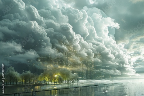 A massive storm with towering clouds engulfs a futuristic glowing city, blending nature’s power with modern architecture.
