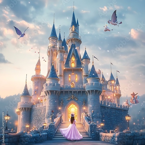 A fairy tale castle with a princess and animal friends.