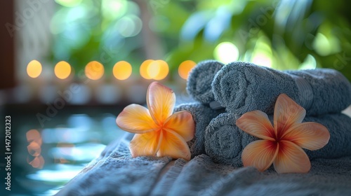 Rolled towels with plumeria flowers and soft candlelight create a tranquil and luxurious tropical spa atmosphere.
