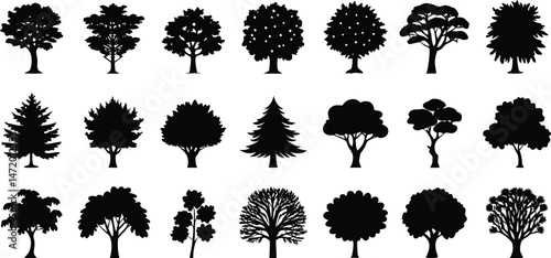 Various deciduous tree silhouettes on white background. vector set. PNG on white background