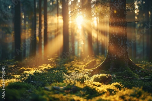 Warm sunlight pierces through tall forest trees, casting golden rays across a peaceful mossy woodland floor at dawn.
