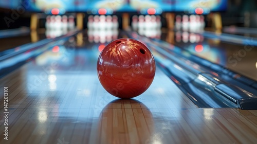 A shiny red bowling ball is positioned in the center of a polished wooden lane, ready to strike pins in a game setup.
