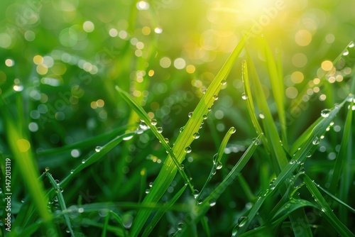 Close-up of green grass with sparkling dew drops, bathed in soft morning sunlight with a dreamy bokeh background.
