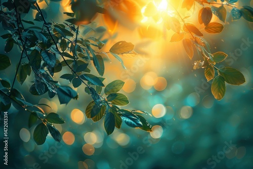 Sunlight shines through lush green leaves with dreamy bokeh, creating a magical and tranquil forest atmosphere.
