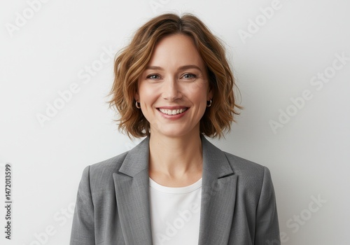 Smiling woman in blazer on white background, portrait of professional with short hair