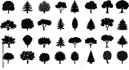 Various deciduous tree silhouettes on white background. vector set. PNG on white background