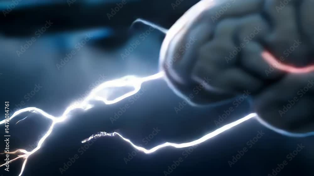 Human brain rendered with visible nerve cells, neural network with electric lightning discharge in background, neurology concept