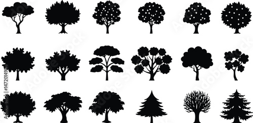 Various deciduous tree silhouettes on white background. vector set. PNG on white background