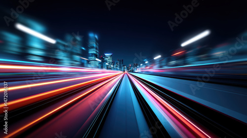 City night scene with colorful streaks of light representing fast moving subway trains, creating dynamic and energetic urban atmosphere