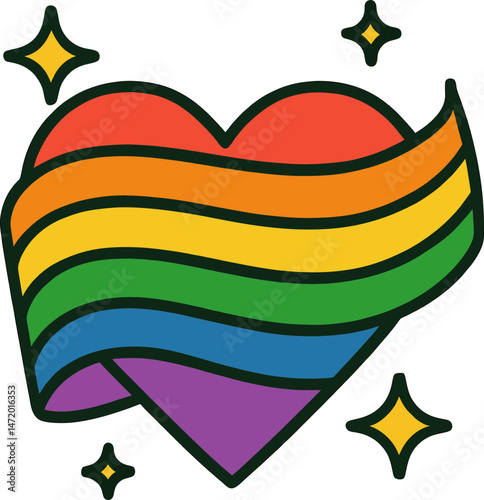 Wavy Rainbow Heart in Cute Naive Vector Style for LGBTQ+ Pride Posters, Love Graphics, Social Media Stickers, and Equality Messages on Transparent Background