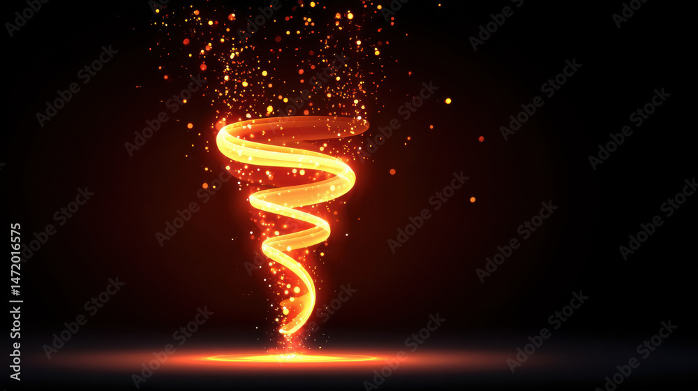 Obraz premium Fiery orange and red energy particles swirl in glowing tornado shape, creating dynamic and vibrant light effect with sparks and dark background