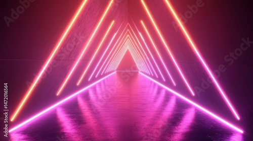 Neon Triangle Tunnel with Vibrant Pink and Purple Lights