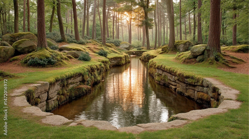 Obraz premium Sunset Illuminates Tranquil Forest Waterway