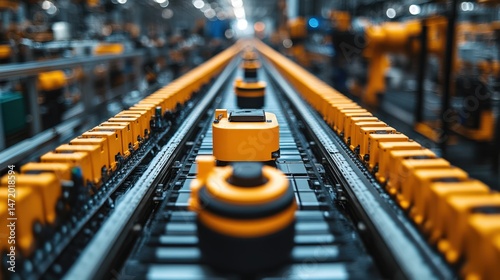 Industrial conveyor belt system featuring yellow components and robotic arms