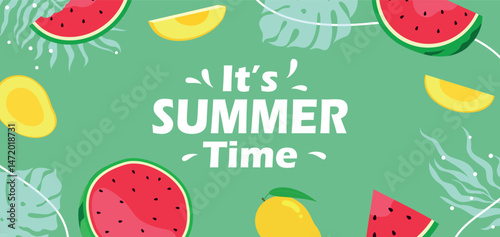 Fun summer background with sliced fruits like watermelon and mango on a green backdrop, featuring the text "It's Summer Time" in bold white lettering.