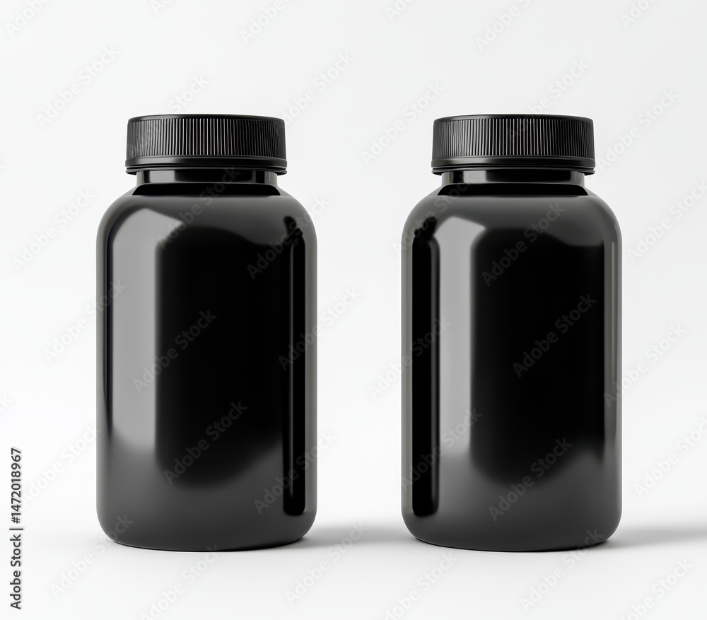 Two sleek, black, empty supplement bottles with dark caps, isolated on a white background Two sleek, black, empty supplement bottles with dark caps, isolated on a white background