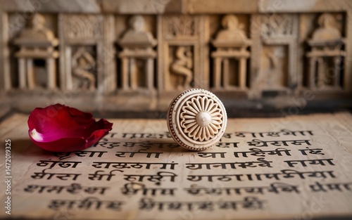 spring, Khajuraho, Madhya, Pradesh , India, Ornate ivory knob on antique script, rose petal photo