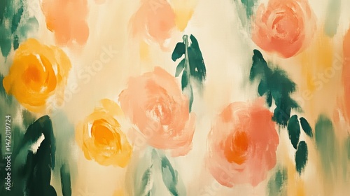 Vibrant Floral Abstract Painting with Soft Pastel Colors and Leaves