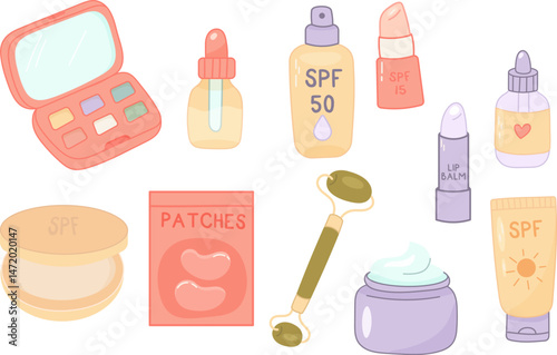 Set of skincare and beauty products in flat style