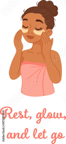 Woman relaxing with under eye patches and towel wrap