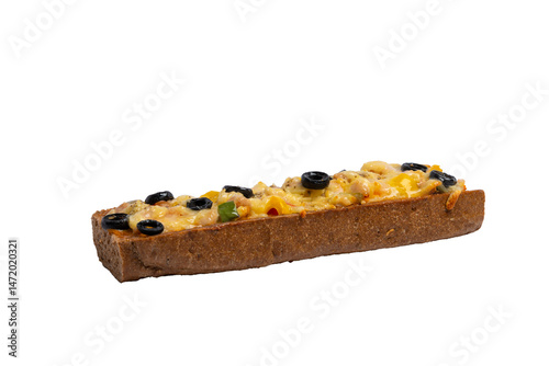 A rectangular pizza baguette with melted cheese, olives, peppers, and herbs is isolated on a white background.