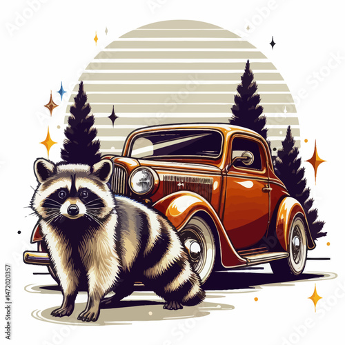 Vector file of a raccoon next to a classic car
