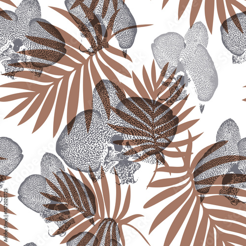 Seamless pattern in earth tones with tropical leaves and orchid flowers. Floral botanical illustration for bedding, home textile, package, fabric. Rapport illustration.