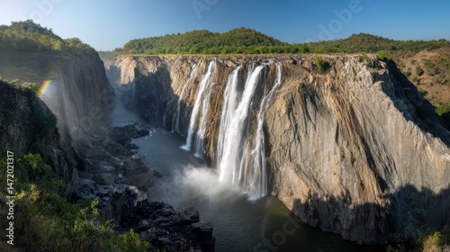 Majestic waterfall with vibrant rainbow and cascading water surrounded by lush greenery under dramatic natural lighting.
