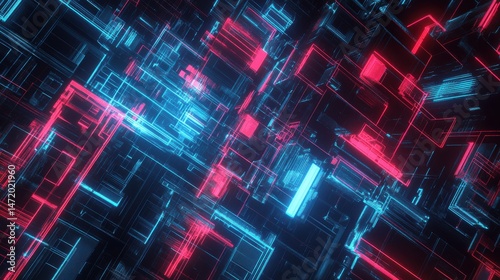 Abstract Digital Landscape with Red and Blue Neon Lines