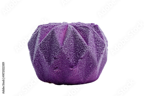 A unique purple confection, possibly a frozen dessert or a cake, with a distinct pleated texture.