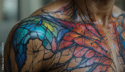 Abstract Colorful Tattoo: Close-up view of a vibrant and intricate tattoo on a person's upper body, featuring abstract shapes and colors reminiscent of stained glass or a butterfly's wings.