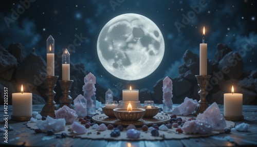 Mystic Full Moon Ritual: A captivating scene of a full moon night, featuring a mystical ritual setup with candles, crystals, and other esoteric objects arranged on a wooden table.