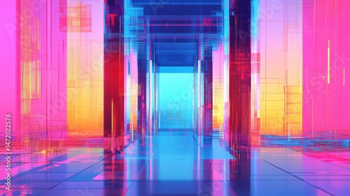 Abstract Futuristic Space with Colorful Glowing Elements and Depth