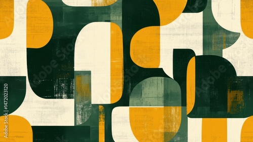 Abstract Geometric Pattern with Green and Yellow Shapes on Cream Background
