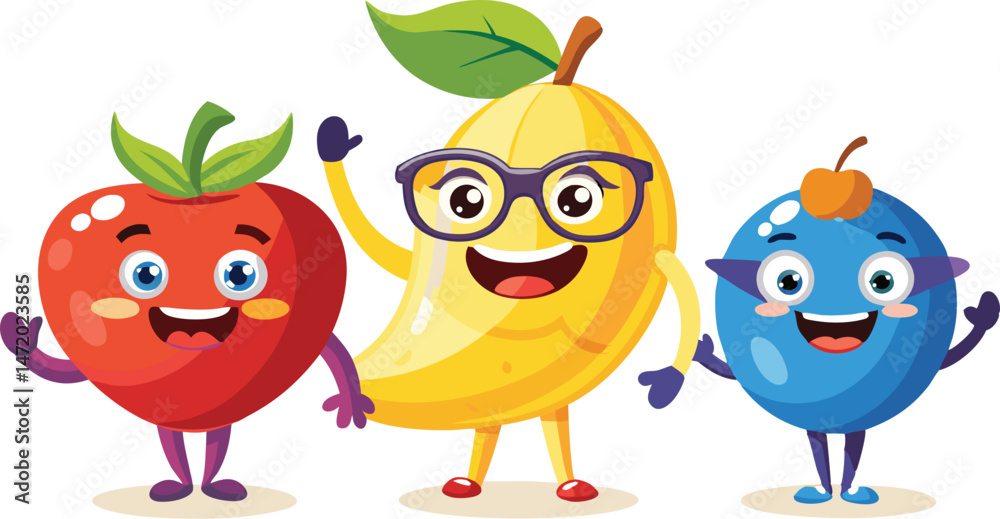 Obraz premium Cartoon Fruits: Strawberry, Mango with Glasses, Blueberry Characters - Cute Vector Illustration for Kids, Healthy Food Theme