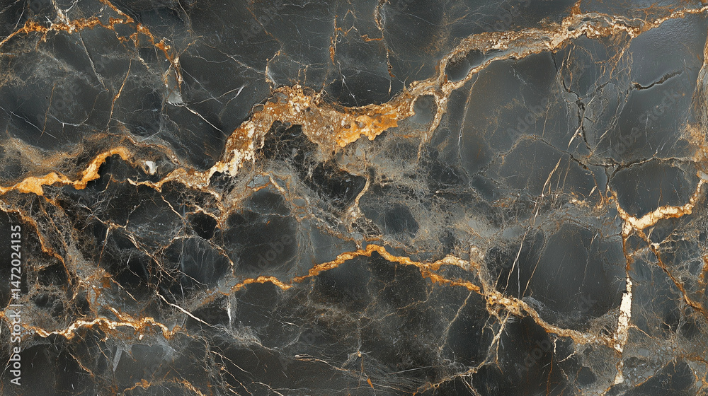 Detailed close-up of black marble with gold streaks and reflections.