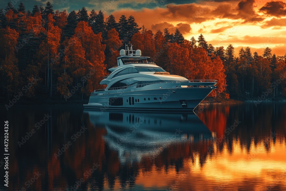 Obraz premium Luxury yacht reflected in calm waters at sunset, surrounded by colorful autumn trees and a vibrant sky.