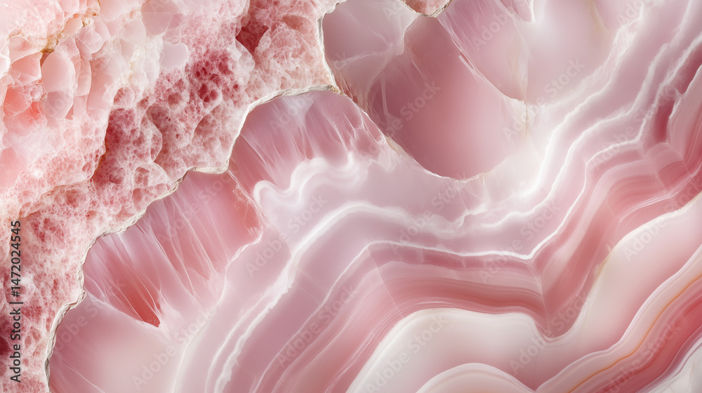 Close-up of pink marble with fine, delicate white lines.