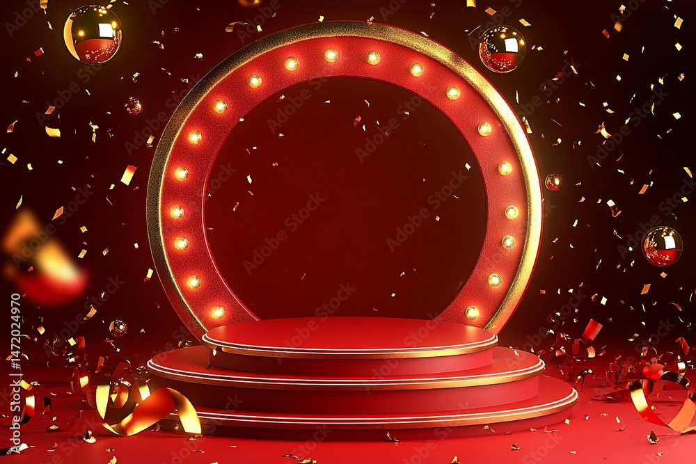 Obraz premium Festive Red Podium with Golden Lights Confetti