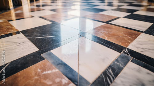 Close-up of marble floor tiles with subtle geometric design.