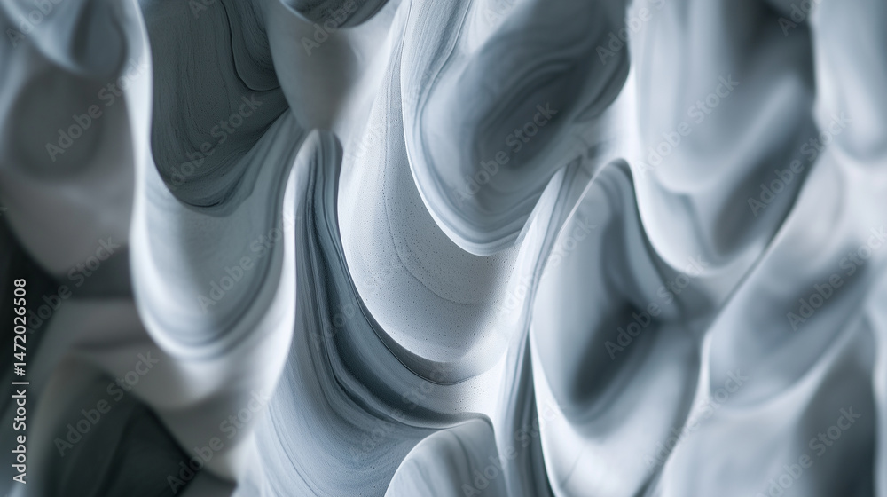 Close-up of swirling grey and white marble wall panel.