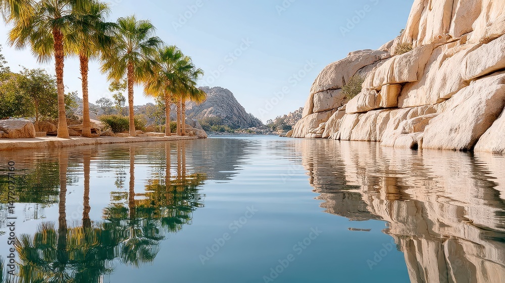 Obraz premium Tranquil Pool Reflecting Palm Trees and Cliffs under a Bright Sky