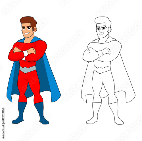 Cartoon Man Super Hero Make A Pose Art Coloring Digital Vectors Illustration 