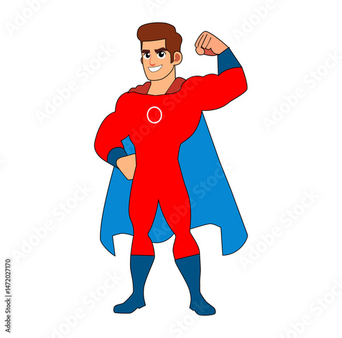 Cartoon Man Super Hero Make Muscular Pose Digital Vectors Illustration 