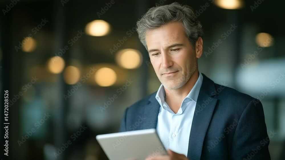 Businessman reviewing compliance documents on a tablet in a professional office setting. Businessman reviewing compliance documents on a tablet in a professional office setting.