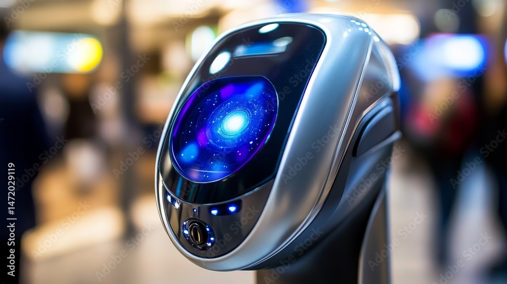 Fototapeta premium A robot with a blue face is in a busy area with people walking around
