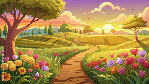 Golden fields of blooming flowers beside a tranquil path at sunrise in a serene rural landscape Very beautiful